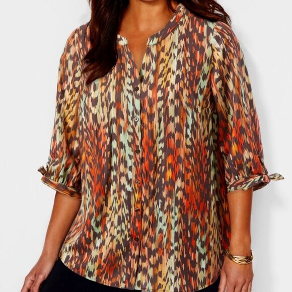 Catherine's Brown Feather Print Georgette Blouse-5X-NWT - Picture 1 of 6
